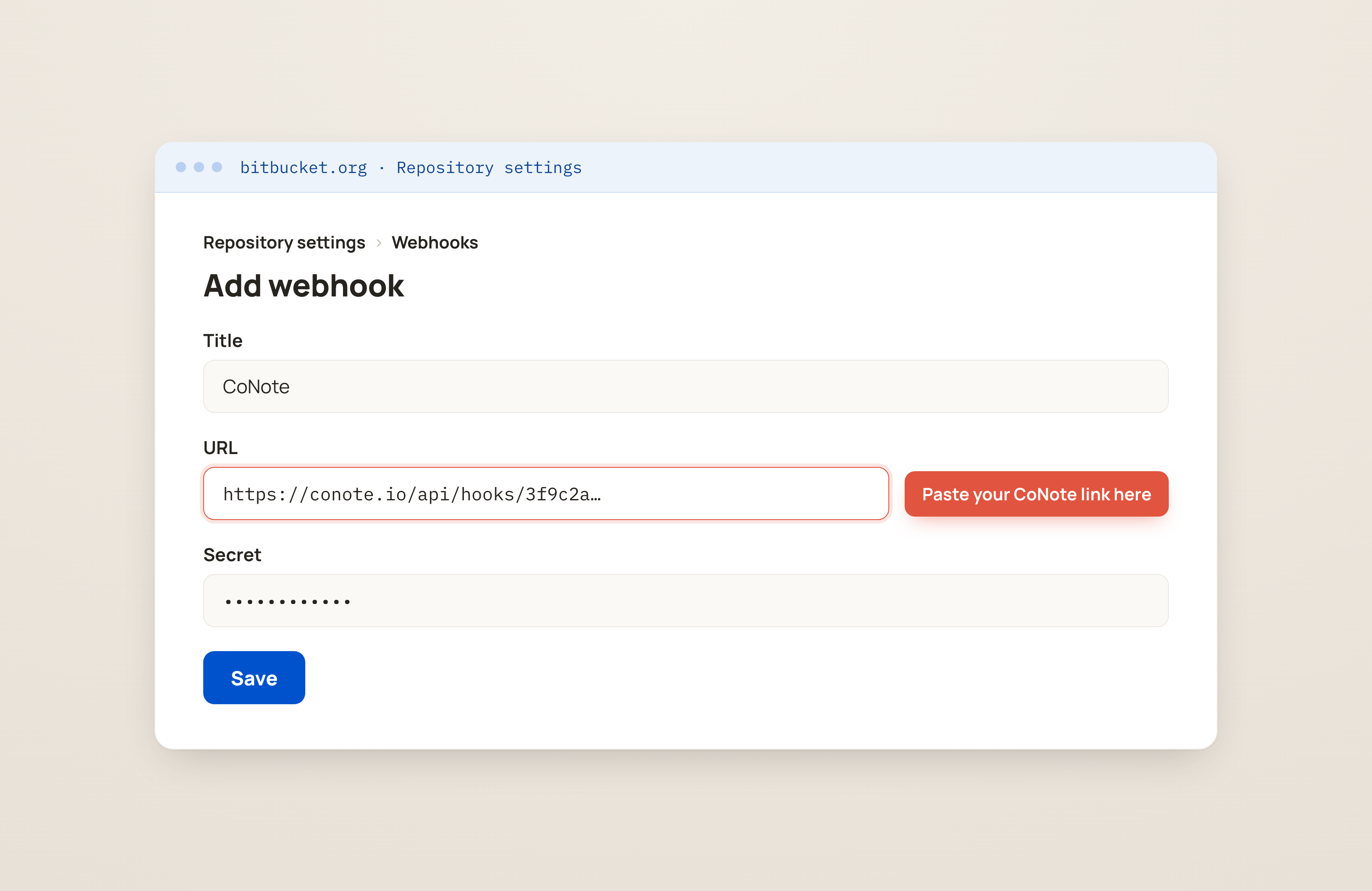 Bitbucket's Add webhook screen with a Title field, the URL field highlighted for the CoNote link, and a Secret field