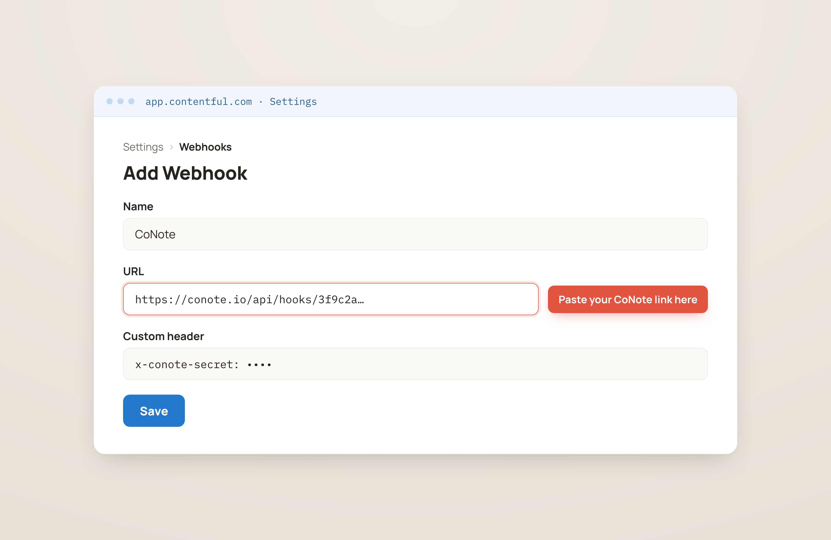 Contentful's Add Webhook screen with a Name field, the URL field highlighted for the CoNote link, and an x-conote-secret custom header