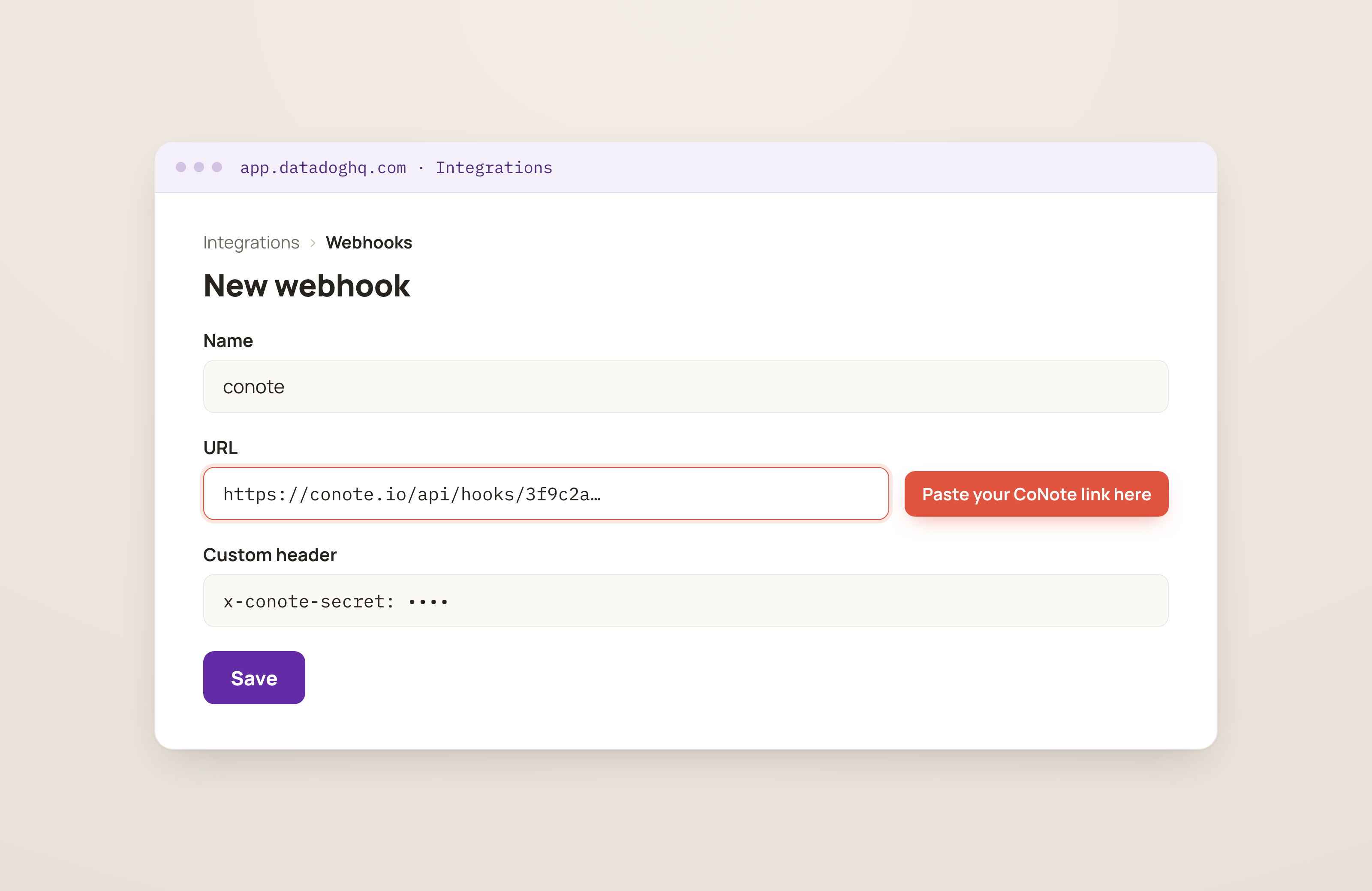 Datadog's New webhook screen with a Name field, the URL field highlighted for the CoNote link, and an x-conote-secret custom header