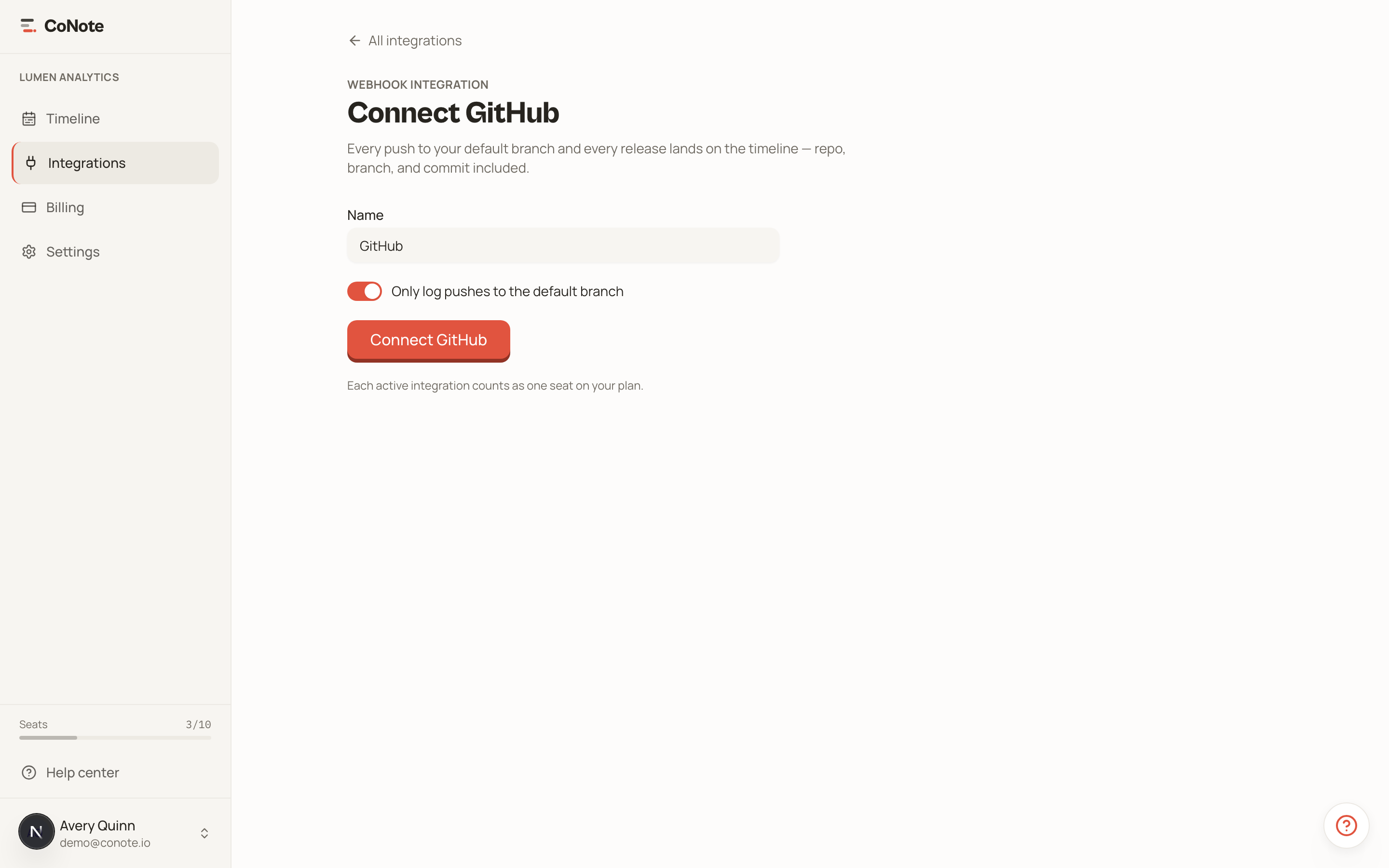 The GitHub integration setup page with a name field and the connect button