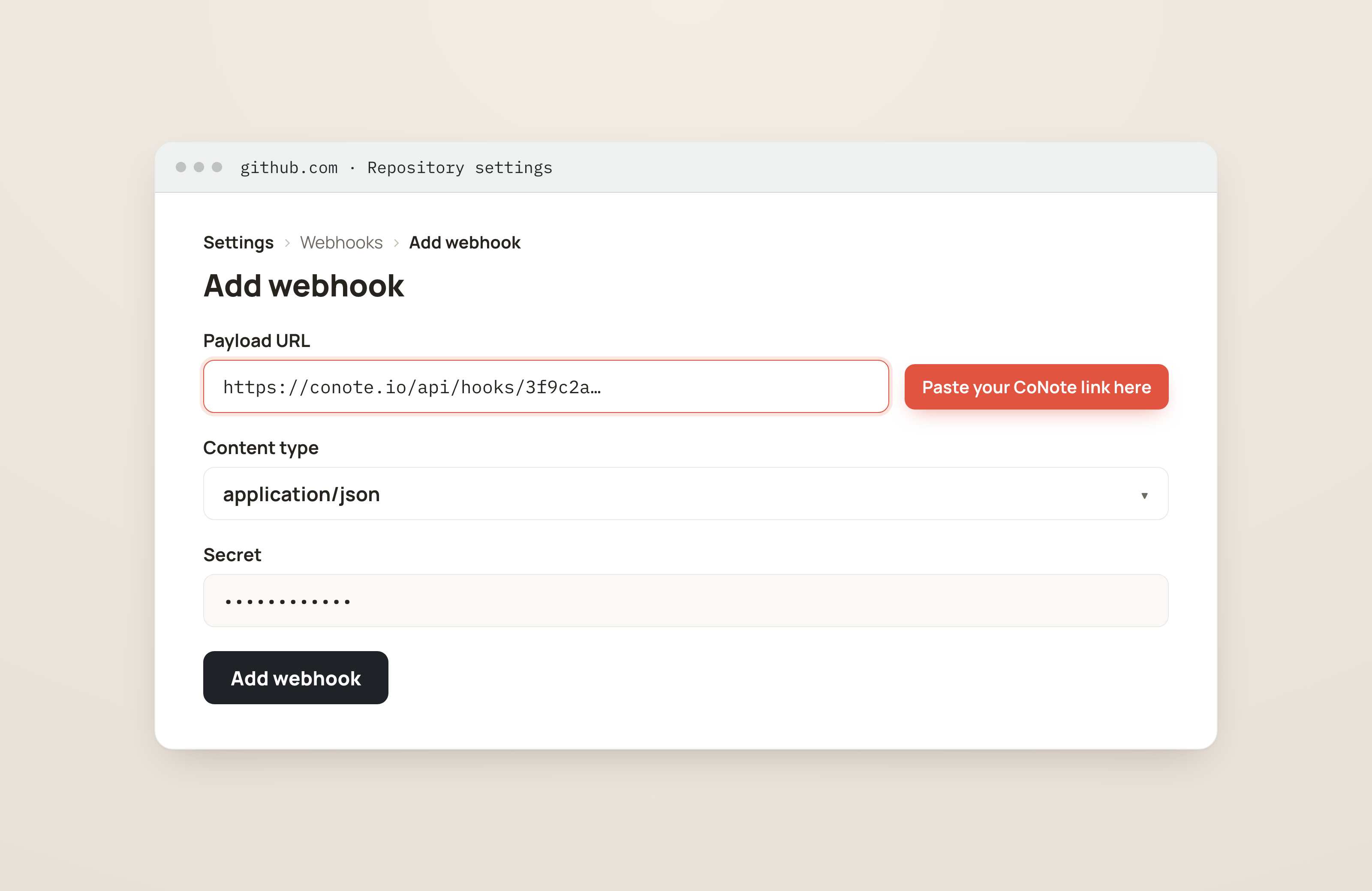 GitHub's Add webhook screen with the Payload URL field highlighted for the CoNote link, Content type set to application/json, and a Secret field