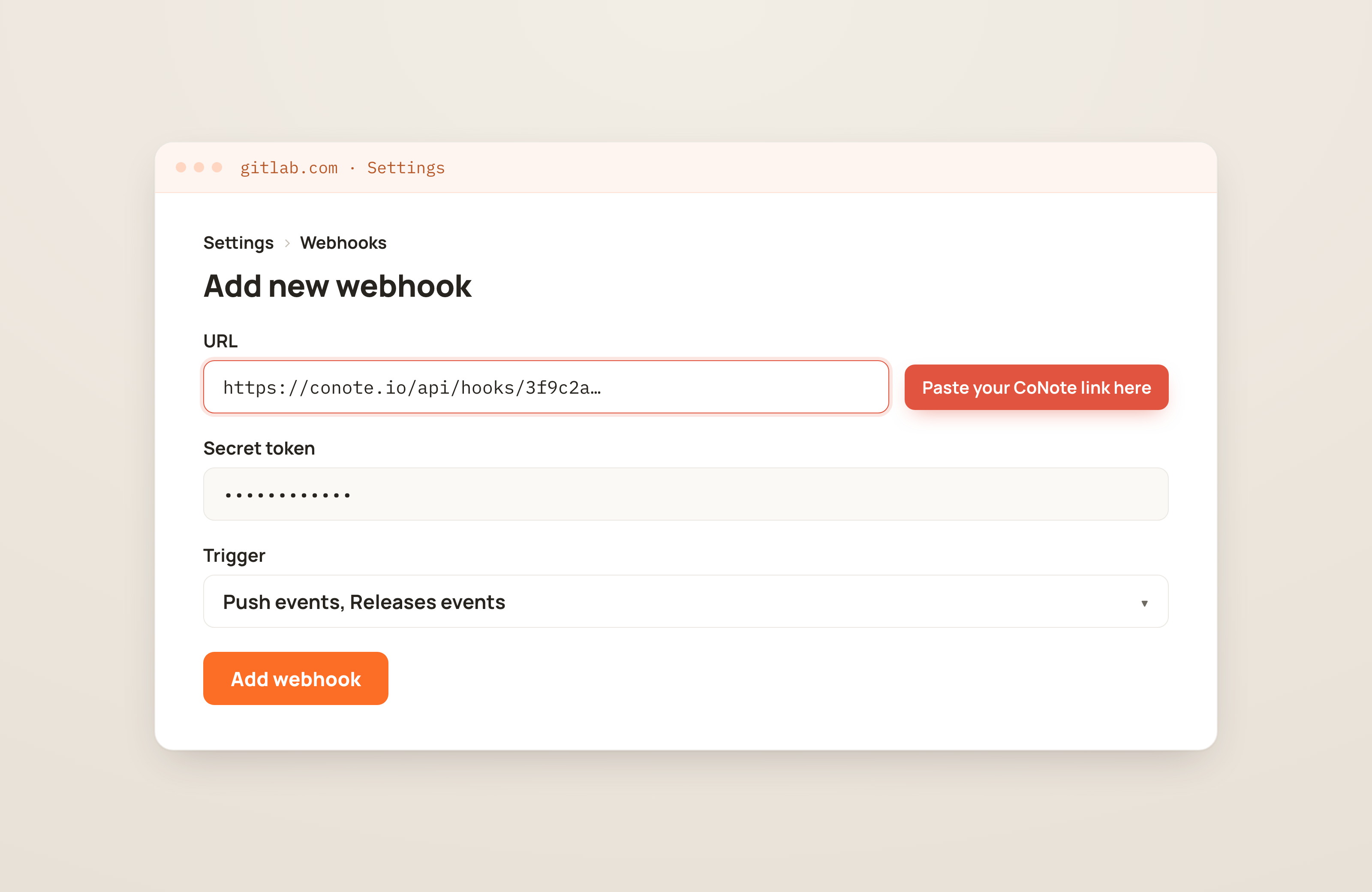 GitLab's Add webhook screen with the URL field highlighted for the CoNote link and a Secret token field