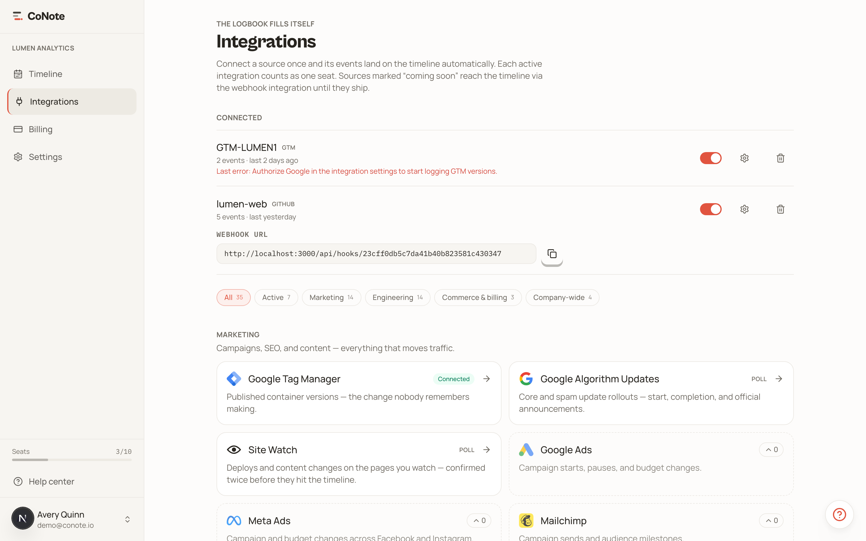 The integrations marketplace showing connected integrations and available providers grouped by business unit