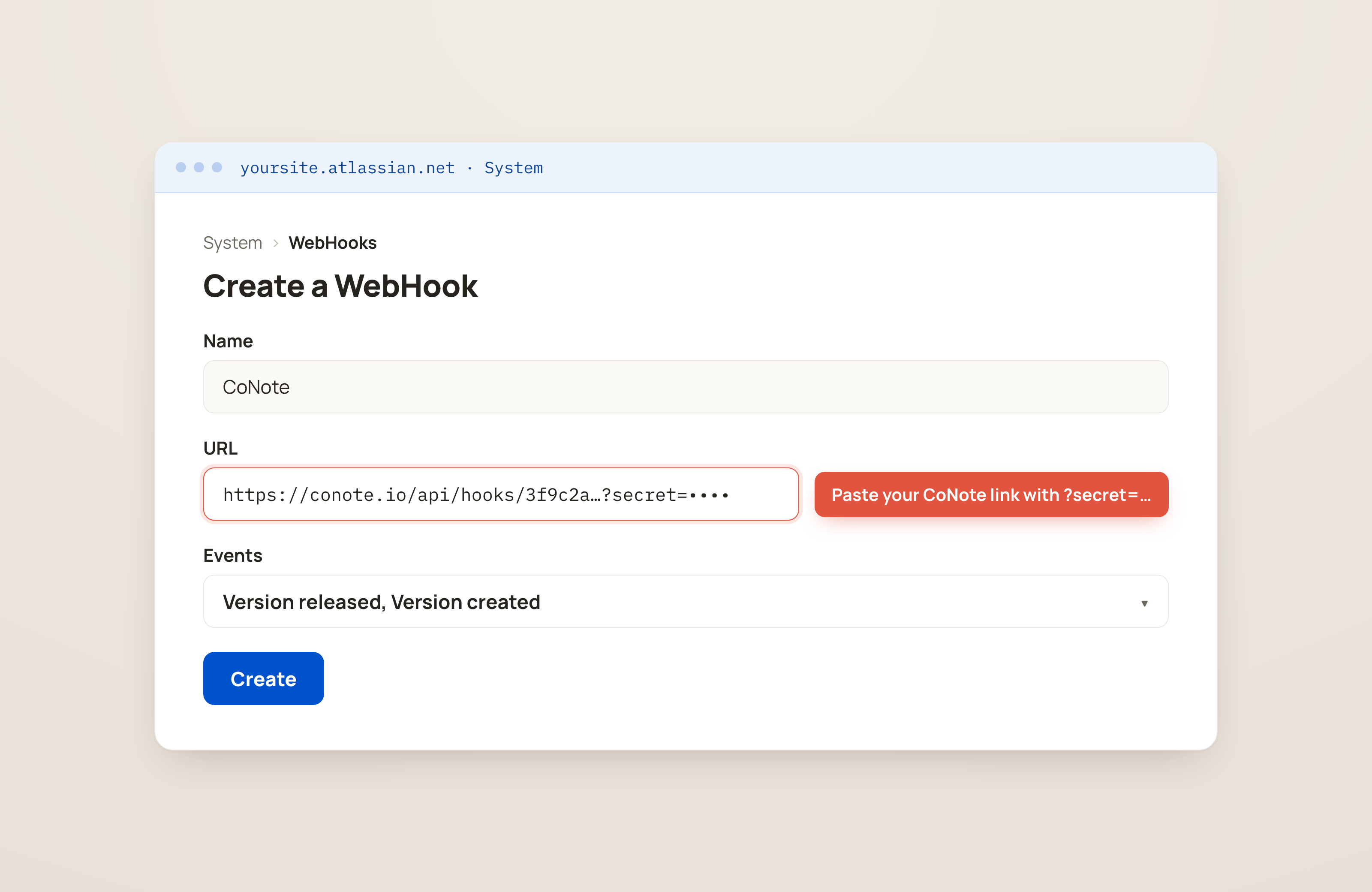 Jira's Create a WebHook screen with a Name field and the URL field highlighted for the CoNote link with a secret appended