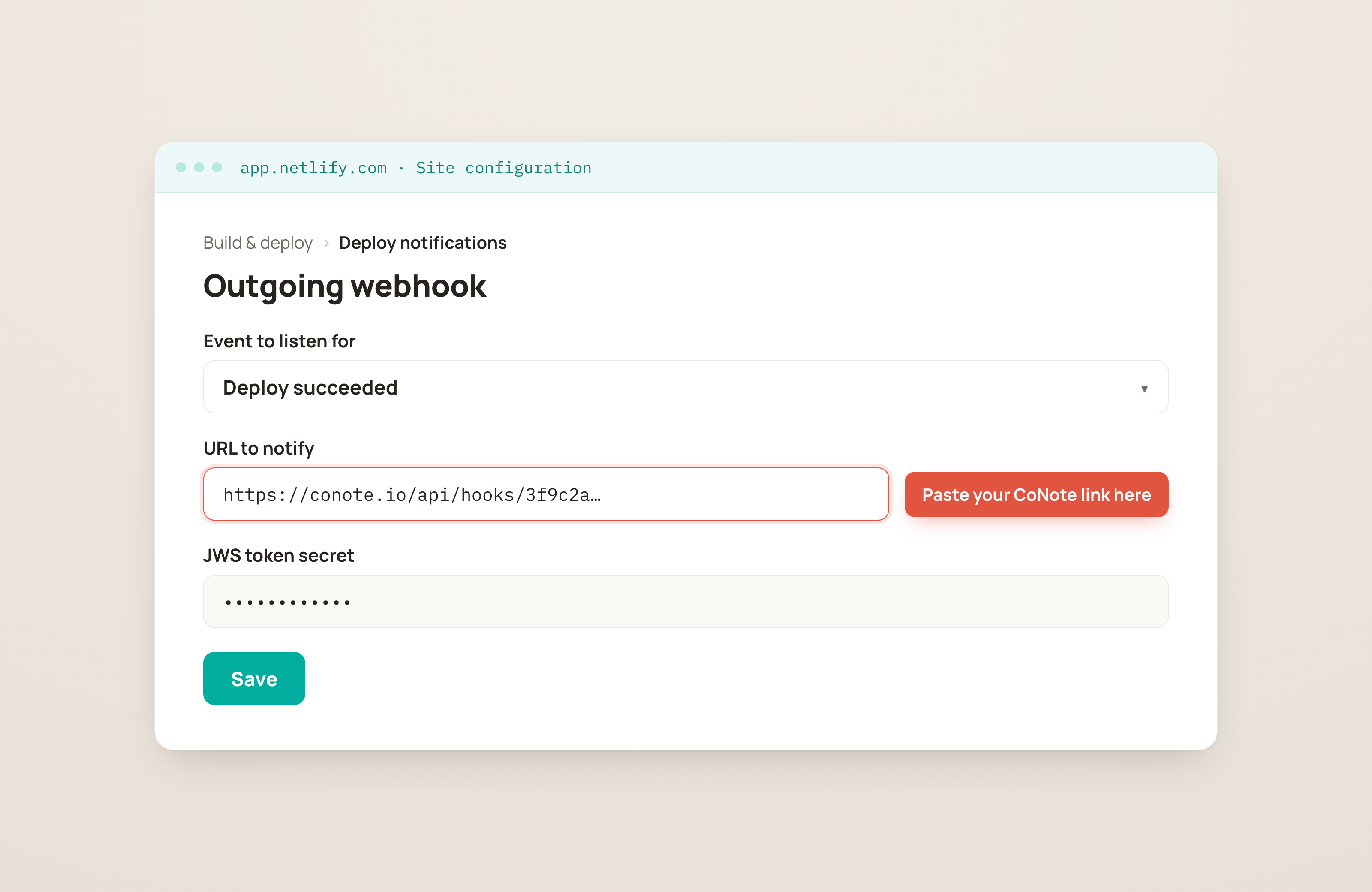 Netlify's outgoing webhook screen with an event selector, the URL field highlighted for the CoNote link, and a JWS token secret field