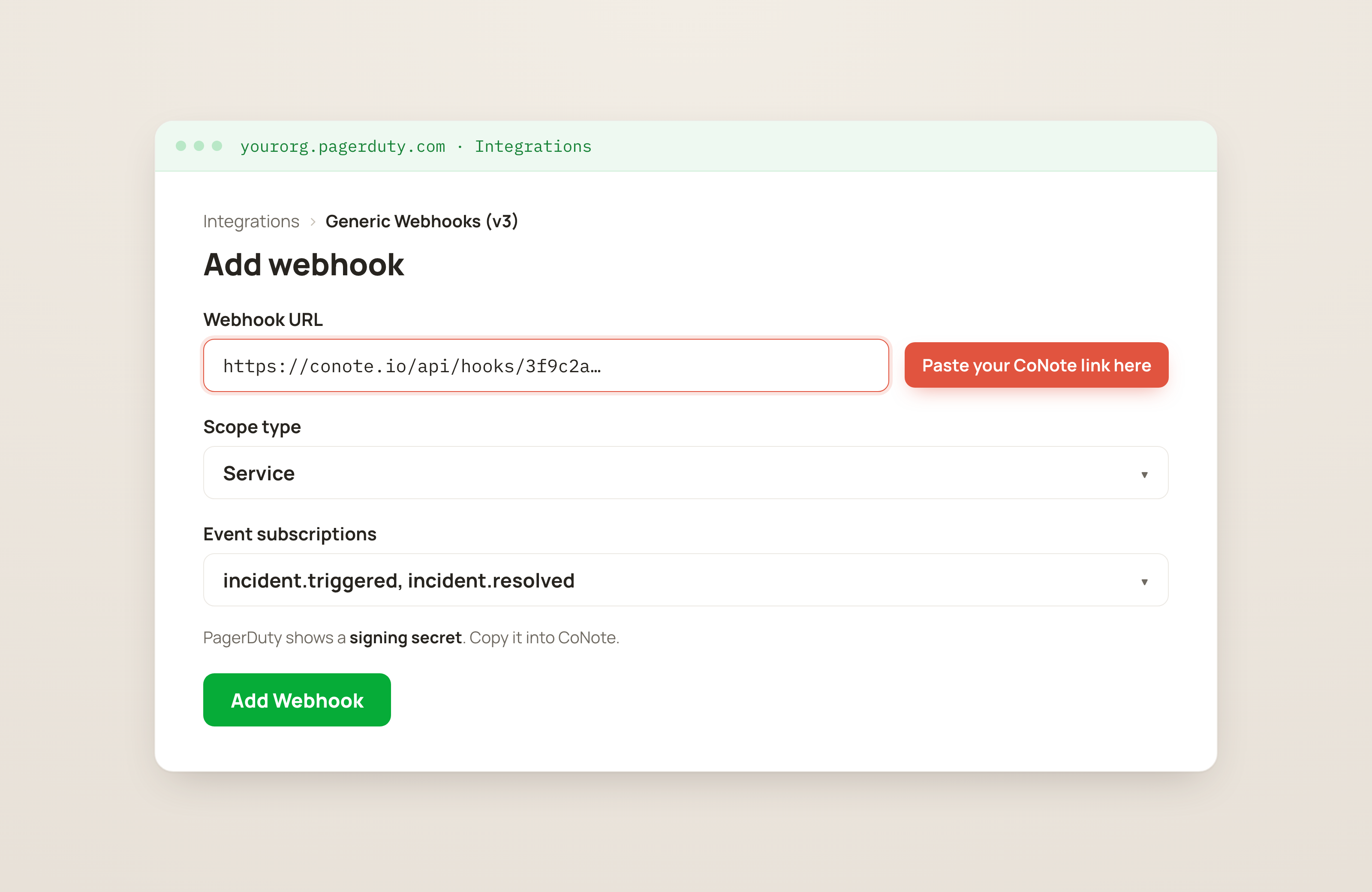 PagerDuty's Add webhook screen with the Webhook URL field highlighted for the CoNote link, a Scope selector, and event subscriptions