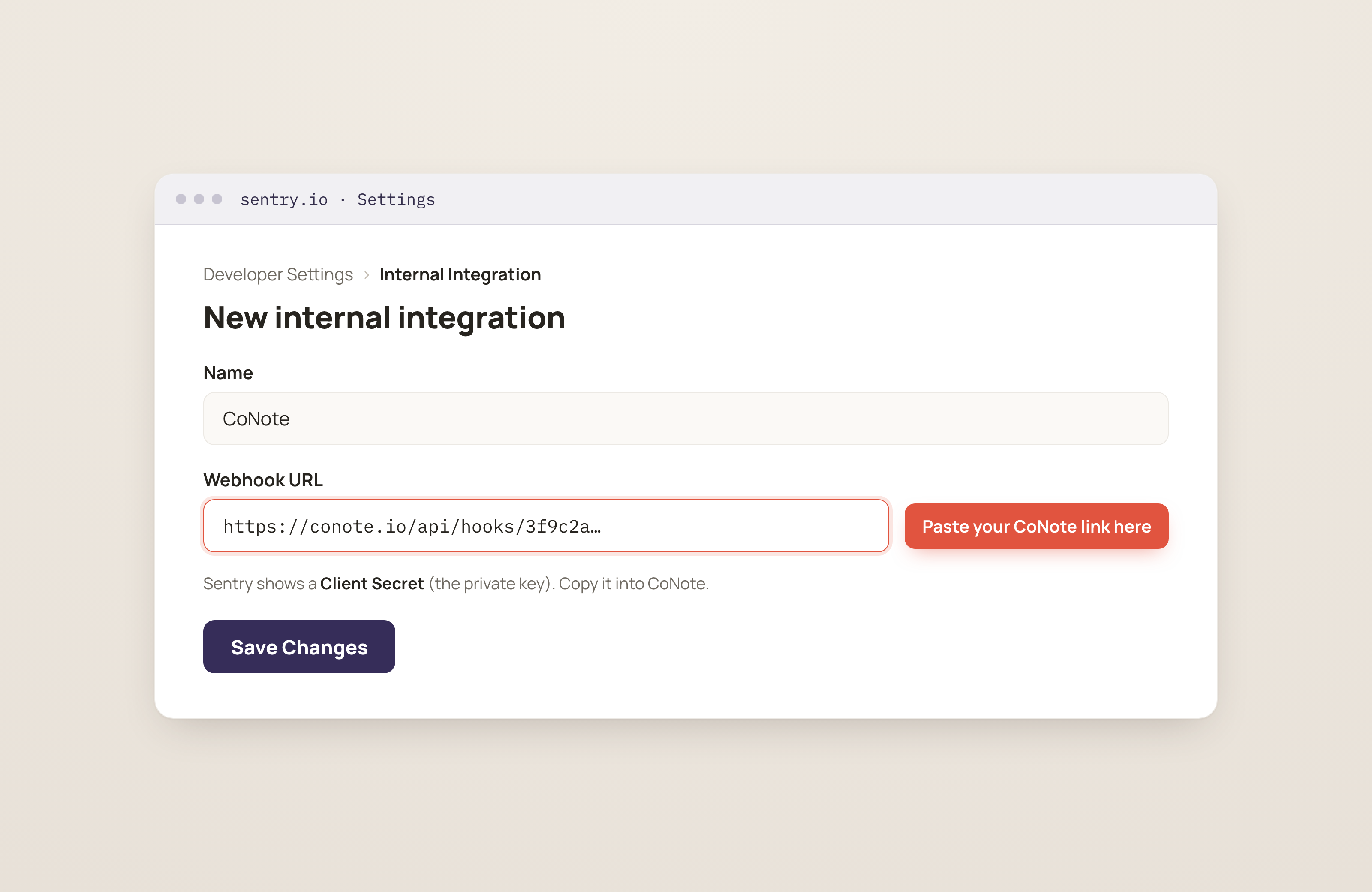 Sentry's internal integration screen with a Name field and the Webhook URL field highlighted for the CoNote link