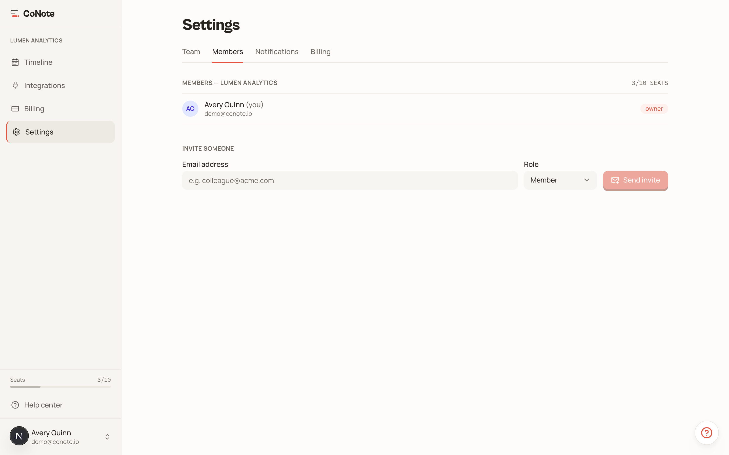 The team members settings page showing the member list and an invite form