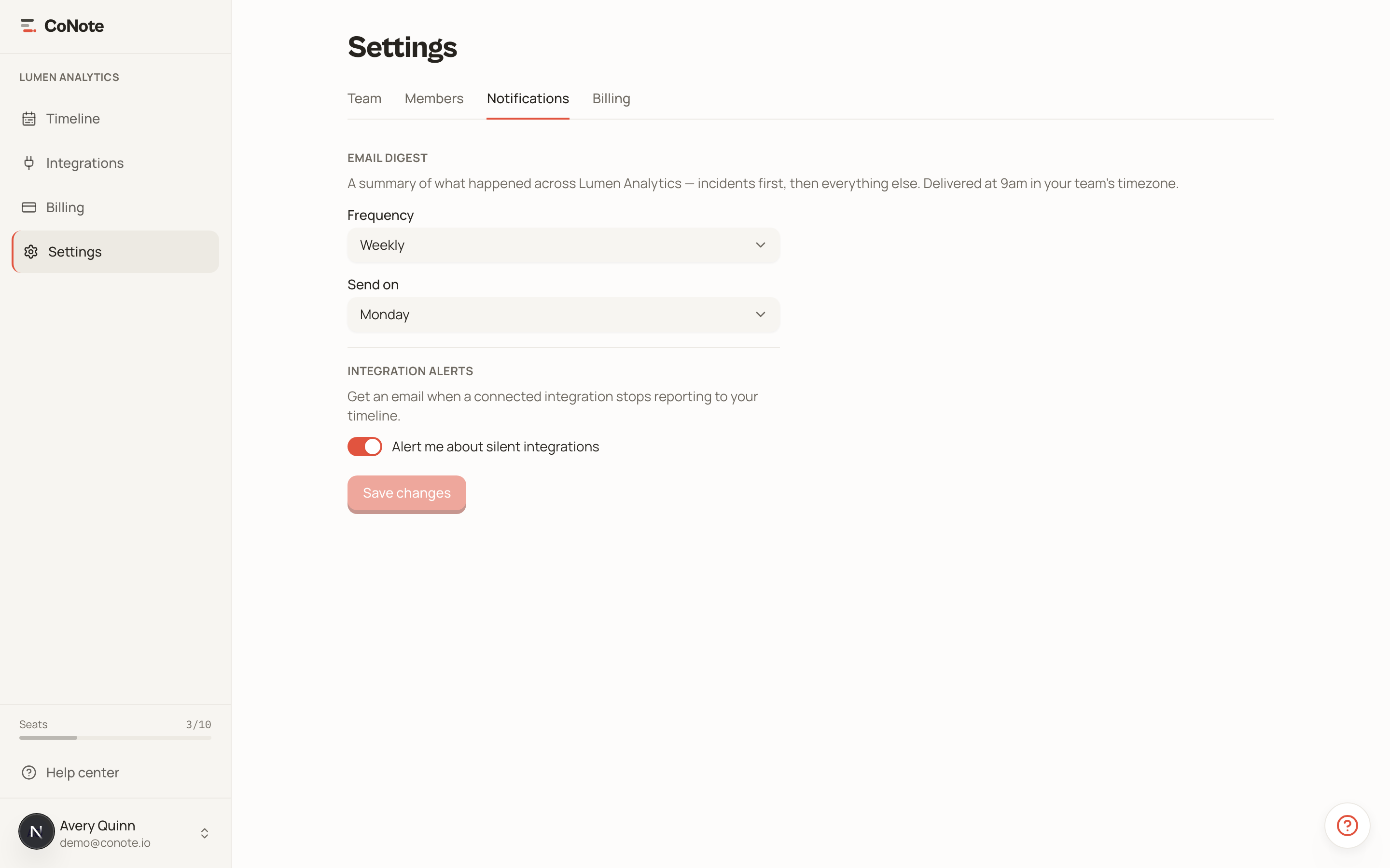 The notifications settings page with digest frequency and integration health alert options