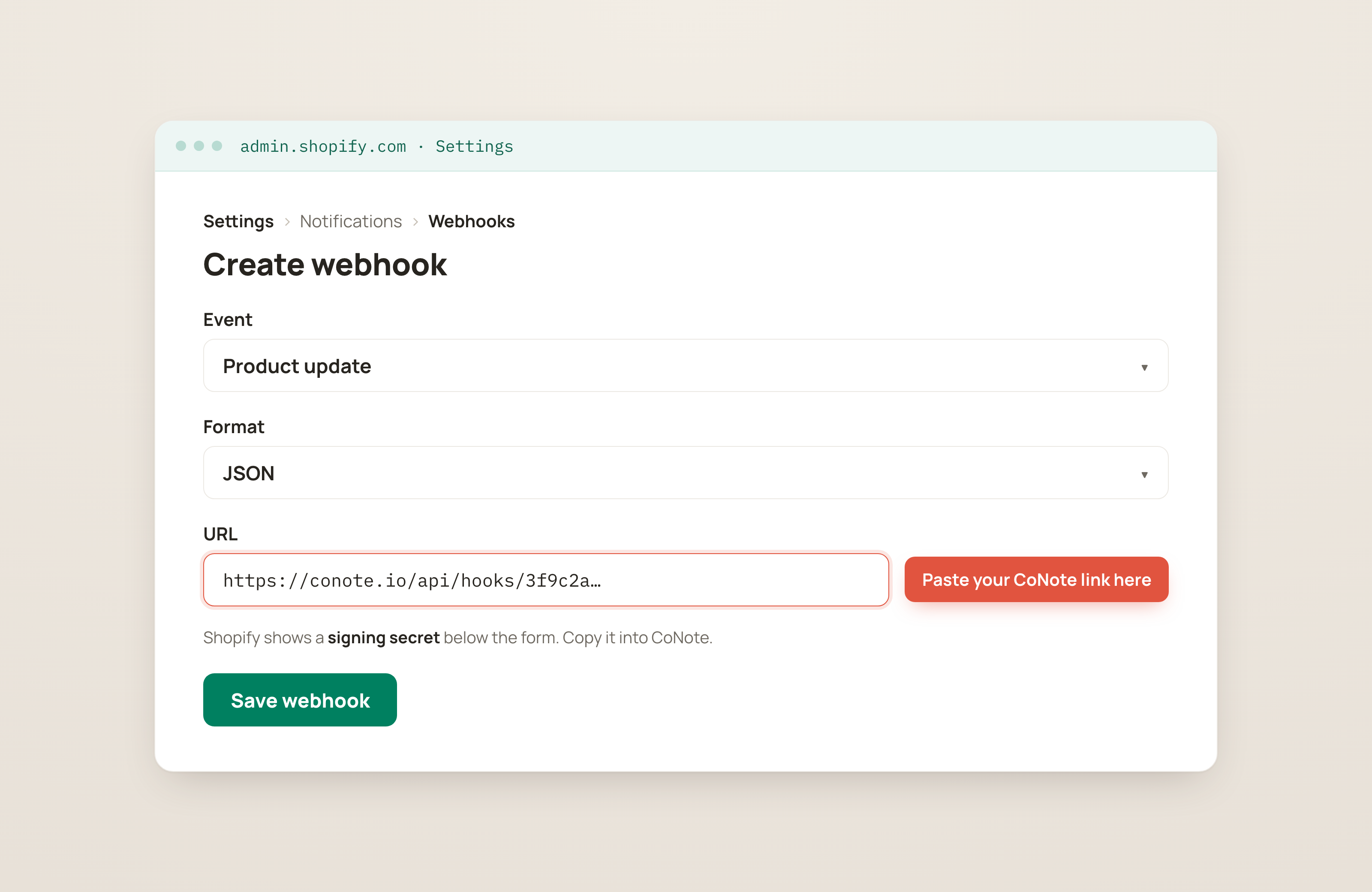 Shopify's Create webhook screen with Event and Format selectors and the URL field highlighted for the CoNote link