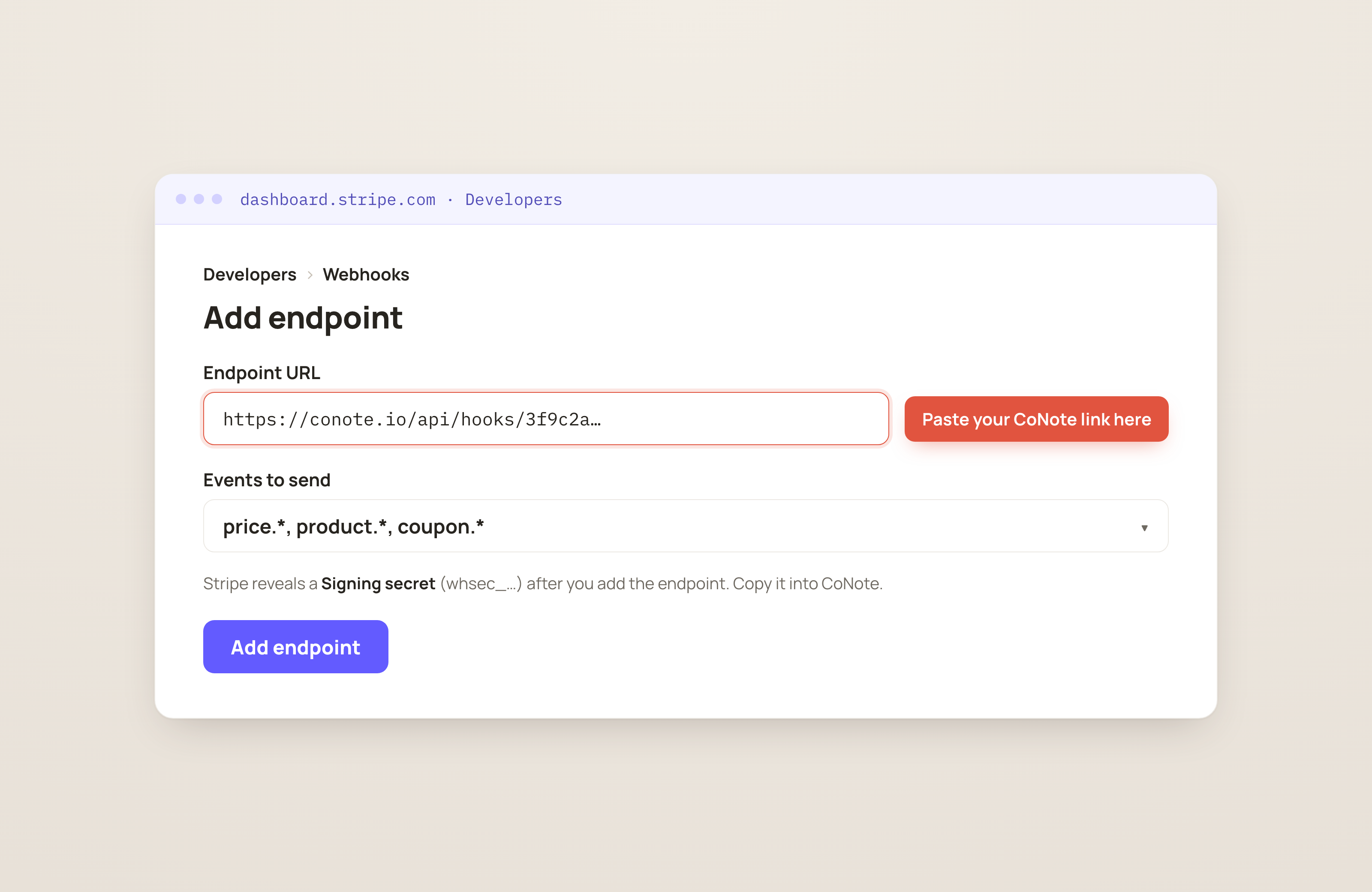 Stripe's Add endpoint screen with the Endpoint URL field highlighted for the CoNote link and an Events to send selector