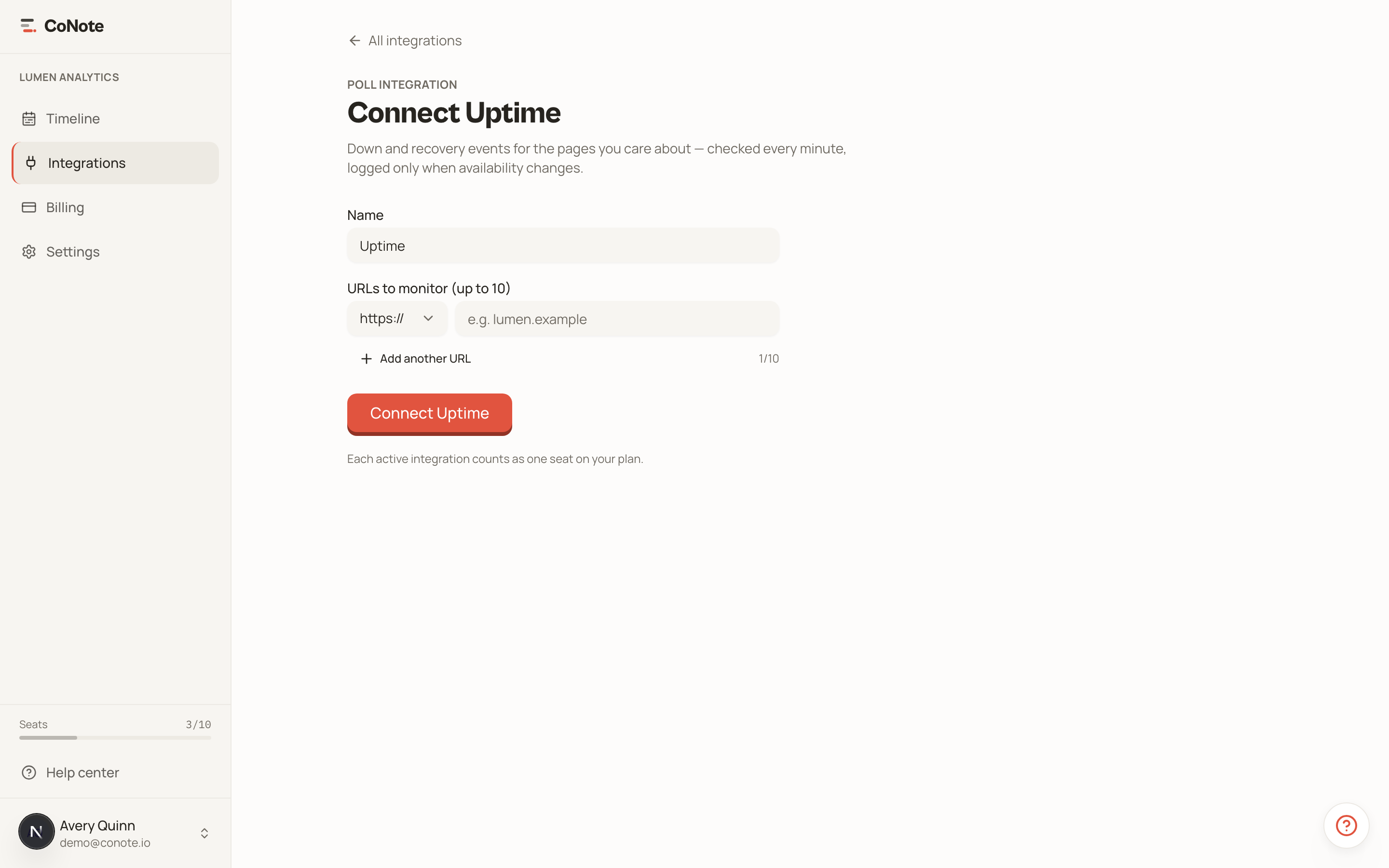 The Uptime integration setup page where you add URLs to monitor