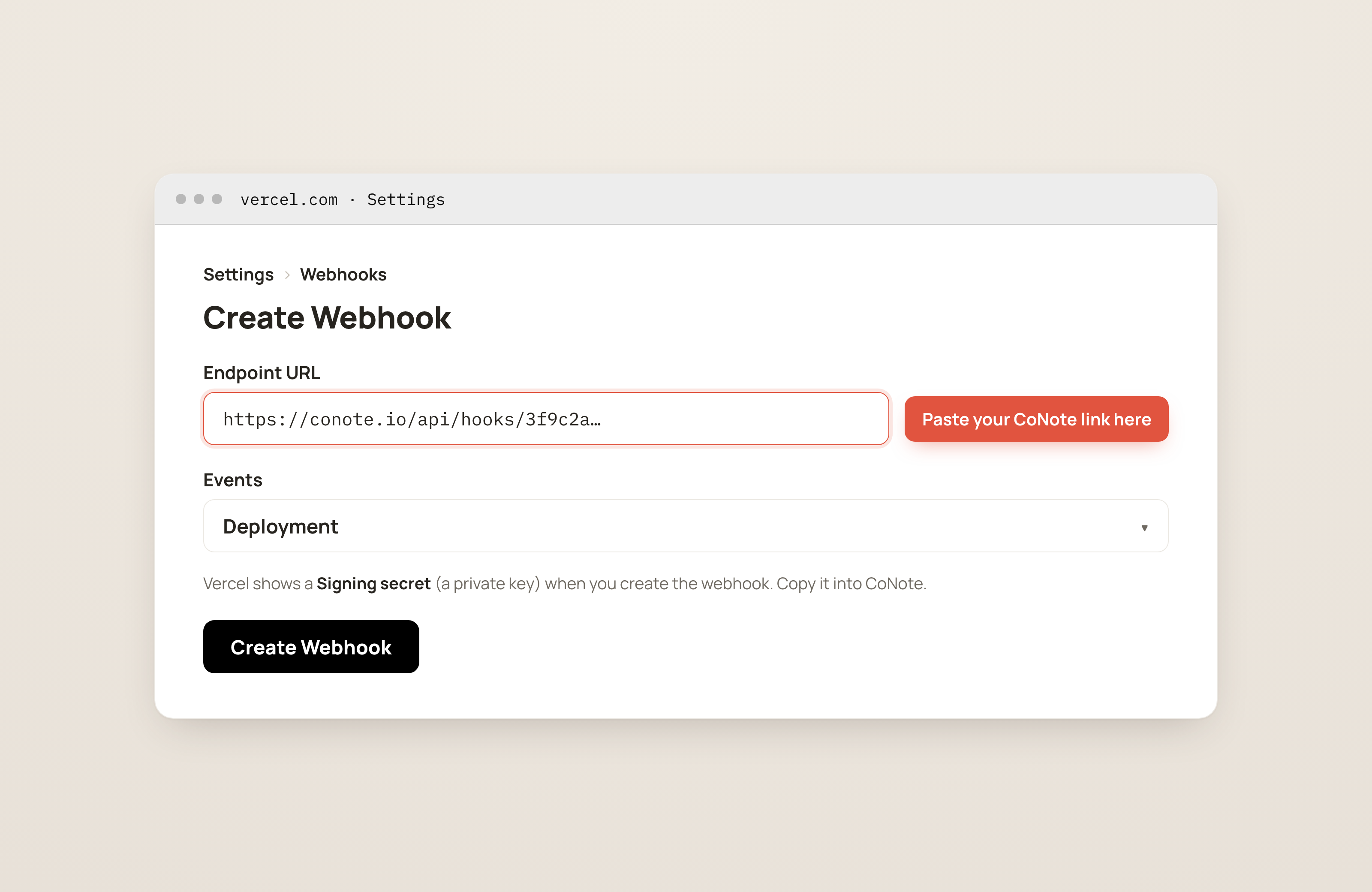 Vercel's Create Webhook screen with the Endpoint URL field highlighted for the CoNote link and an Events selector