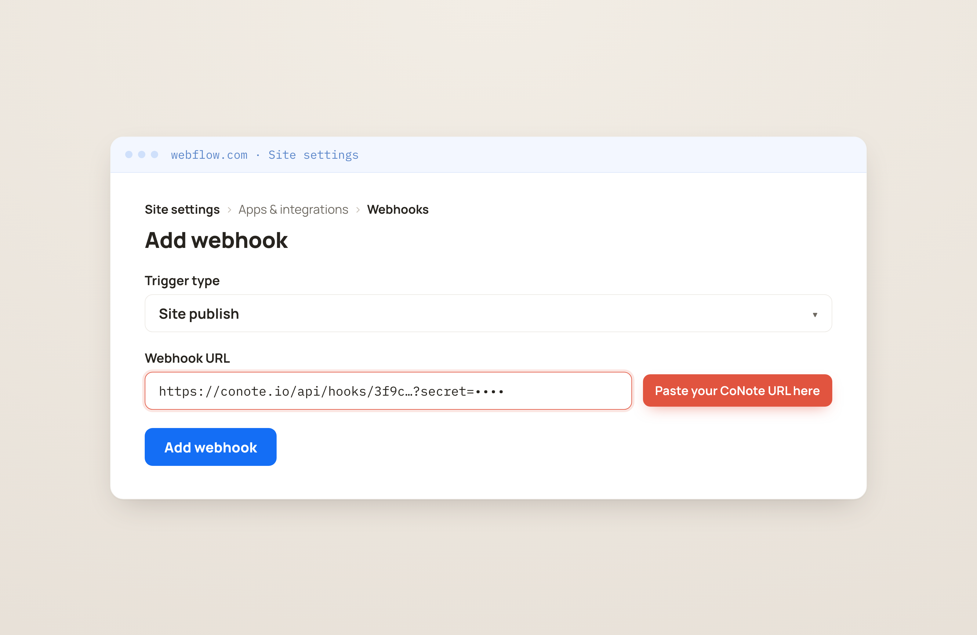Webflow's Add webhook screen with the Trigger type set to Site publish and the CoNote URL pasted into the Webhook URL field