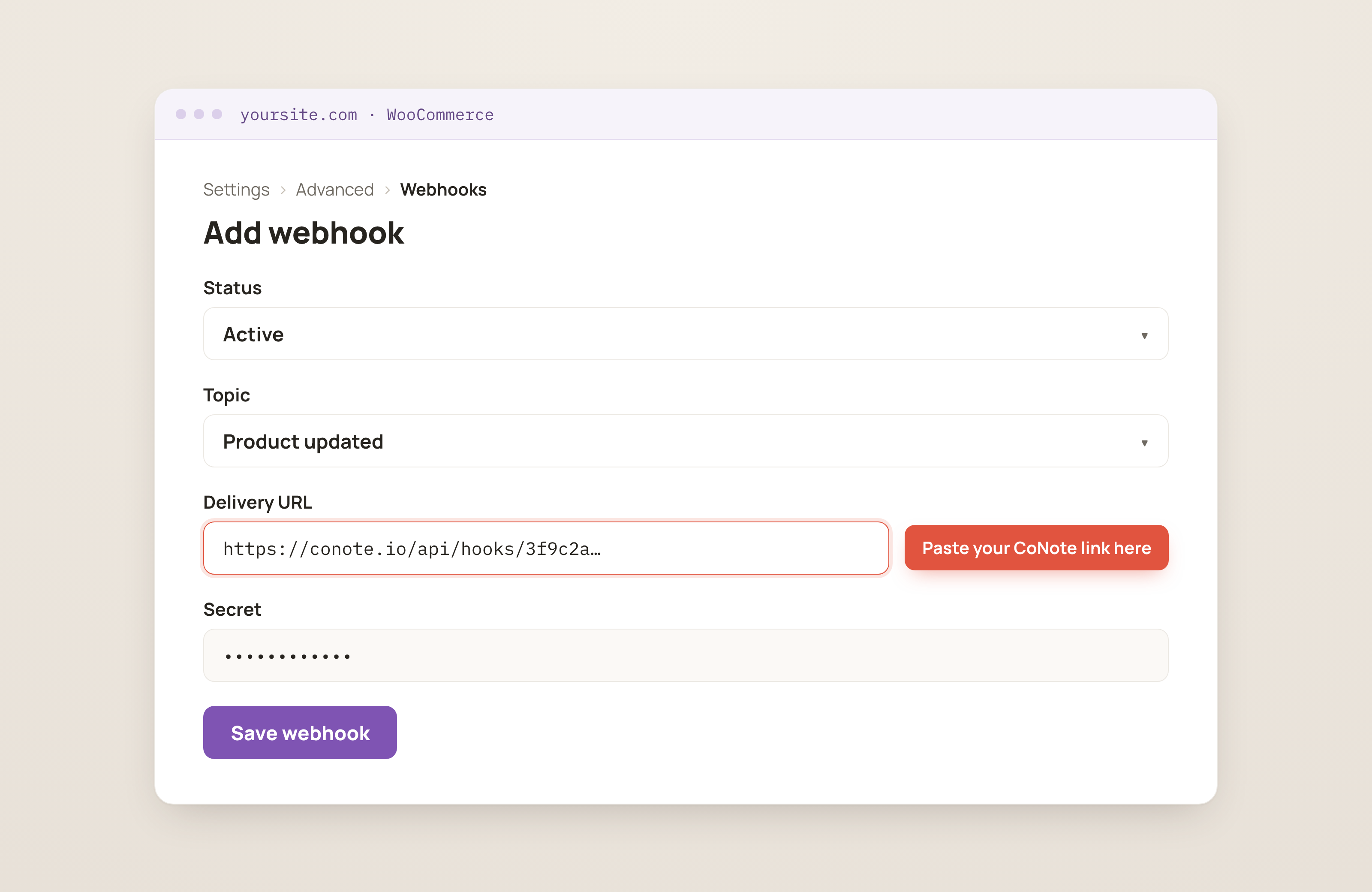 WooCommerce's Add webhook screen with Status and Topic selectors, the Delivery URL field highlighted for the CoNote link, and a Secret field