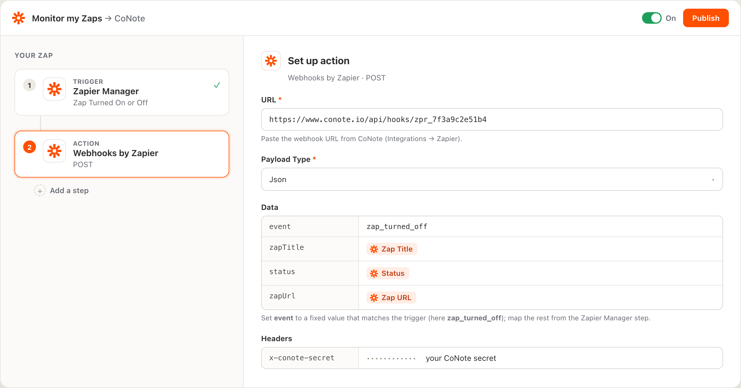 Zapier's editor showing a Zap with a Zapier Manager trigger (Zap Turned On or Off) and a Webhooks by Zapier POST action, set up with the CoNote URL, an x-conote-secret header, and the event, zapTitle, status, and zapUrl fields mapped in