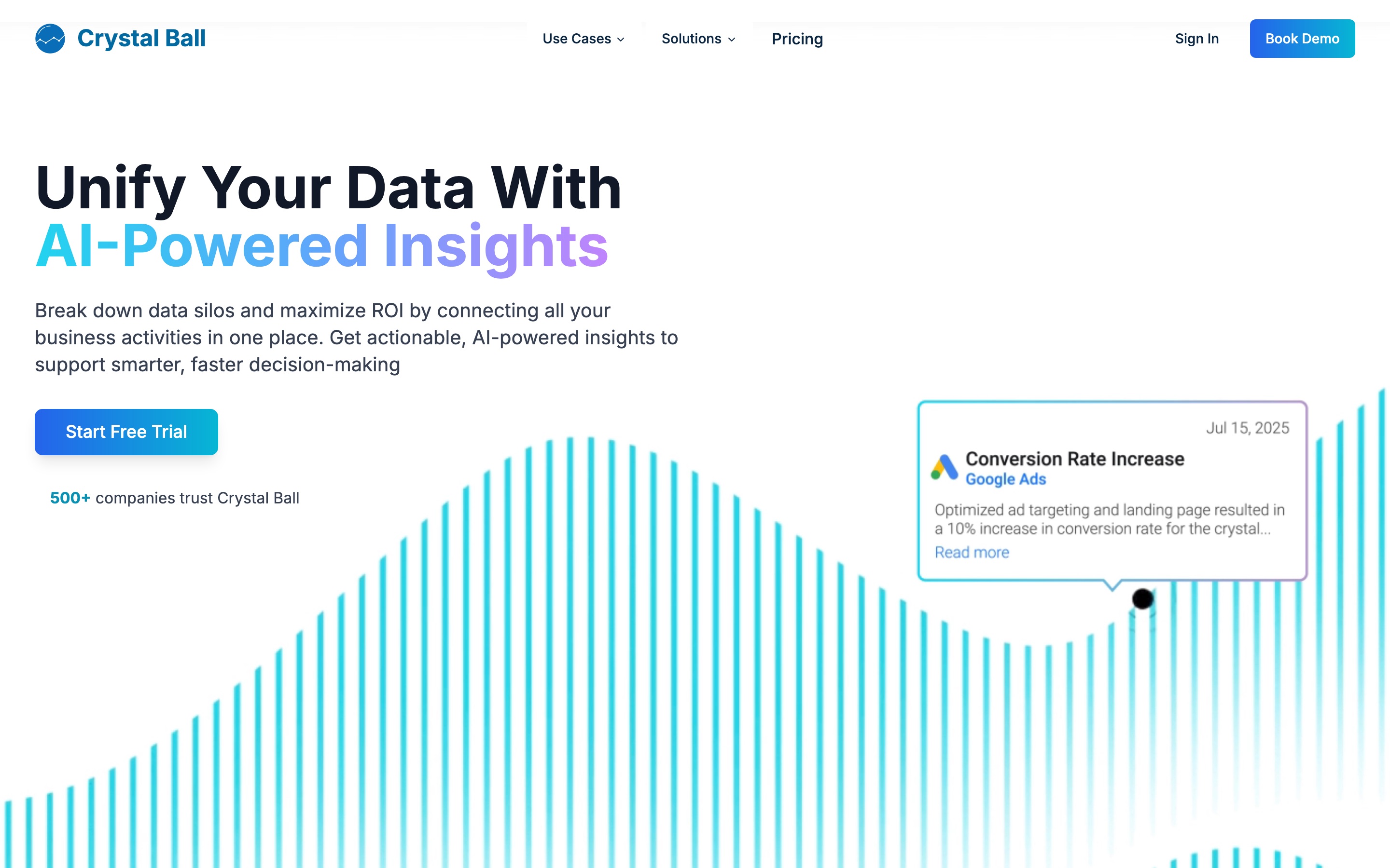 Crystal Ball landing page with a chart and an annotation card about a conversion rate increase